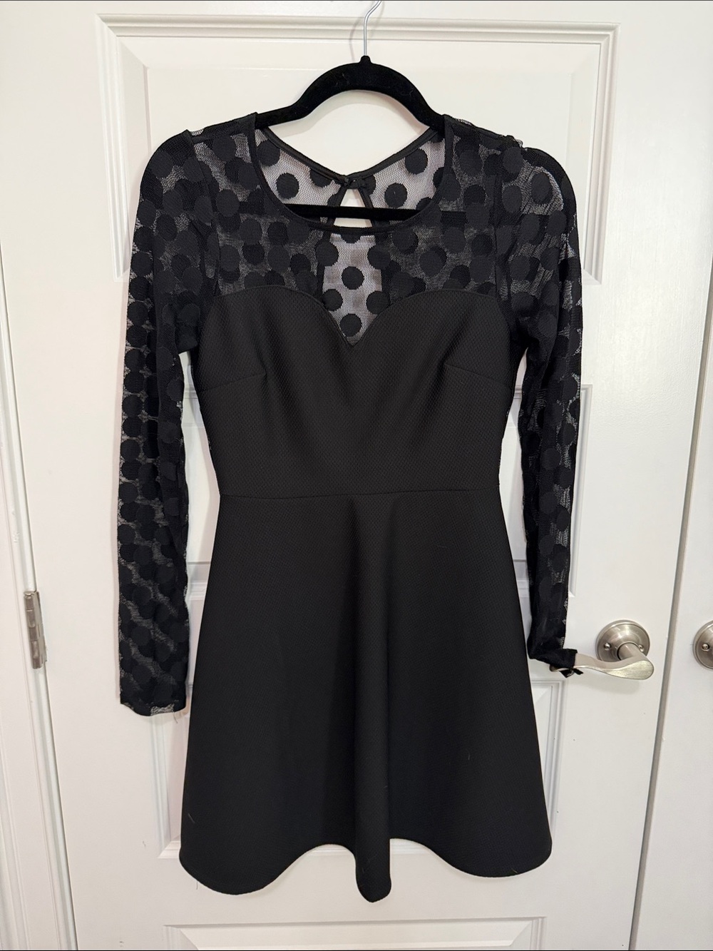 Lulu's Women's Medium Black Long-Sleeve Mesh Dot Fit & Flare Dress